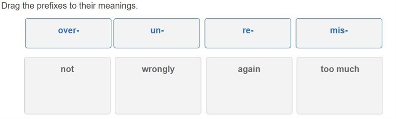 Put the prefixes to their meanings over- un- re- mis- not- wrongly- again- too much-example-1