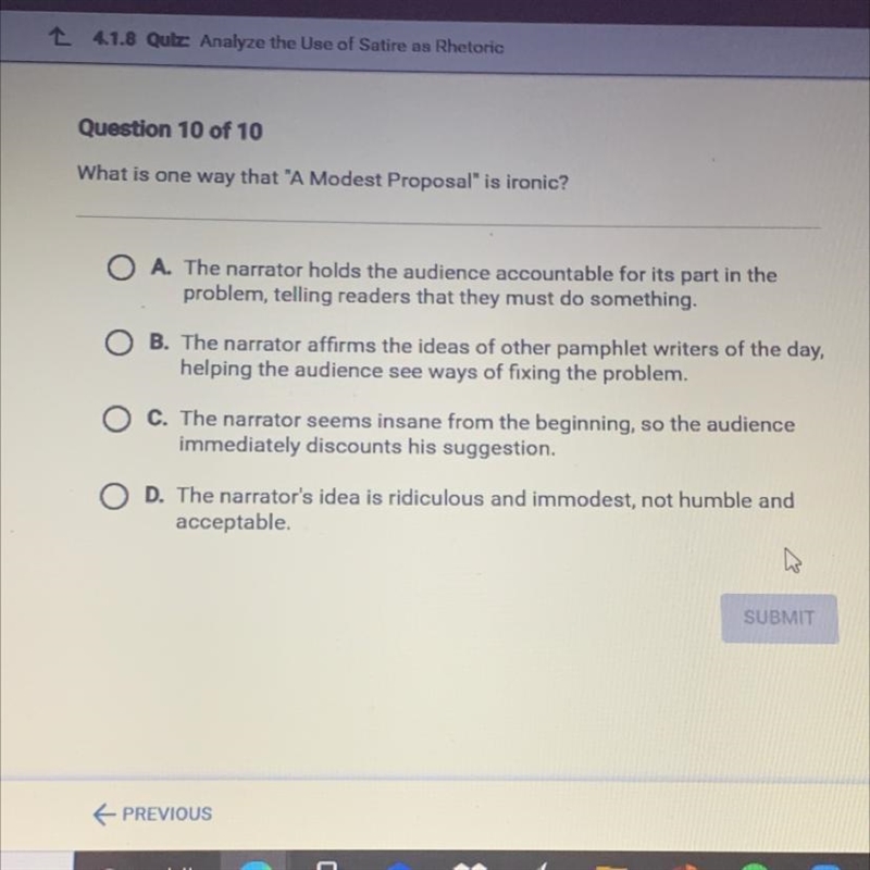 What is one way that "A Modest Proposal" is ironic?-example-1