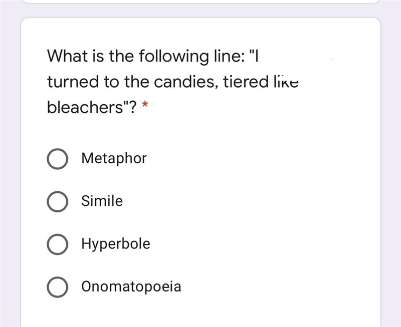 What is the following line: "I turned to the candies, tiered like bleachers&quot-example-1