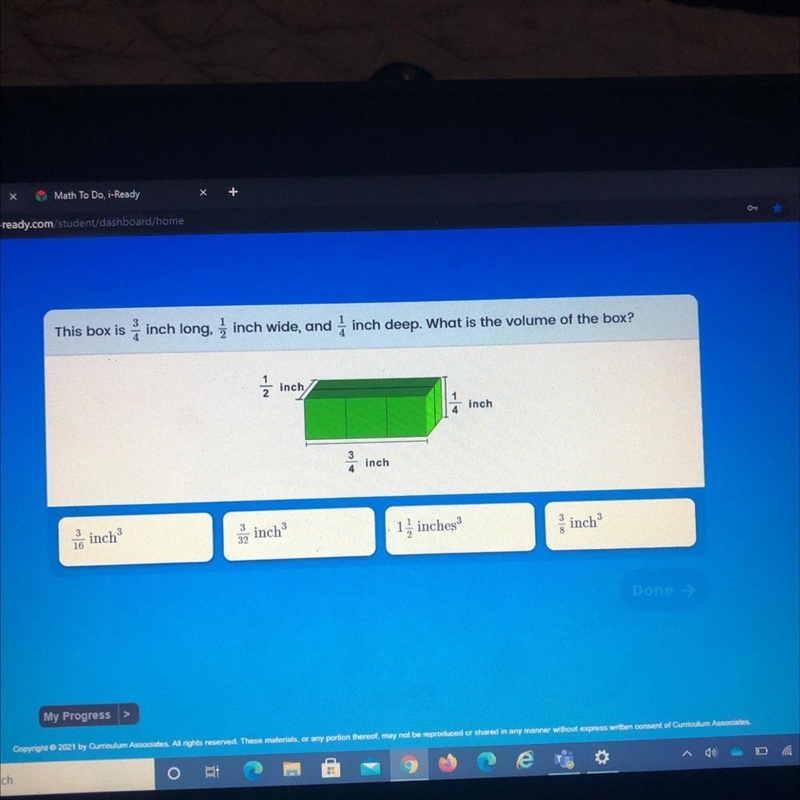 This box is inch long, inch wide, and 1 inch deep. What is the volume of the box?-example-1