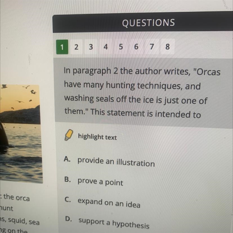 In paragraph 2 the author writes, "Orcas have many hunting techniques, and washing-example-1