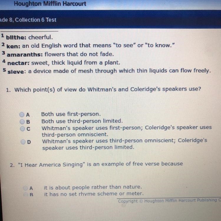 Which point(s) of view do Whitman's and Coleridge's speakers use?-example-1