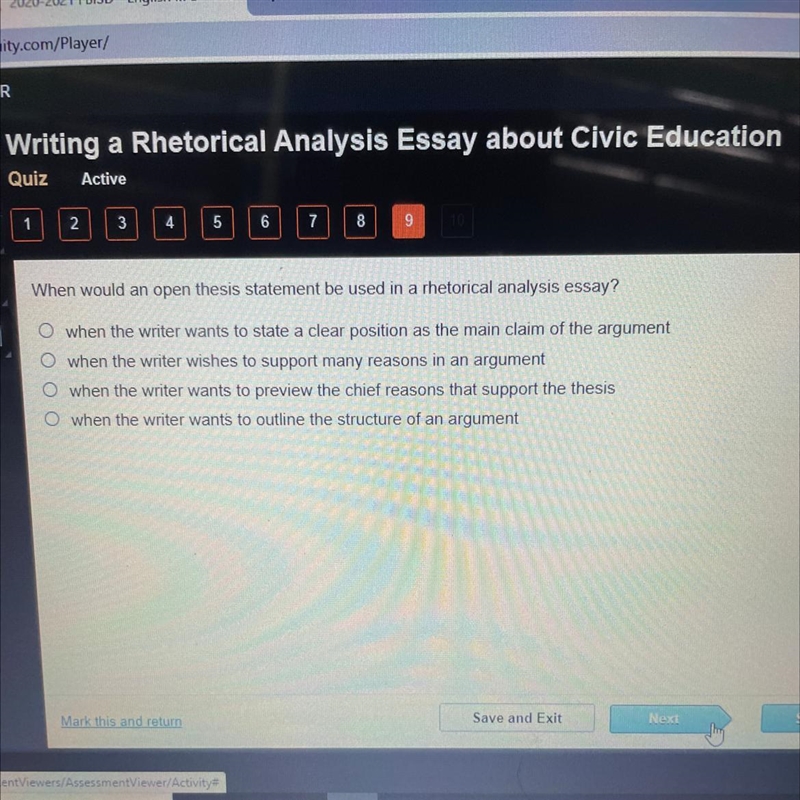 When would an open thesis statement be used in a rhetorical analysis essay? O when-example-1