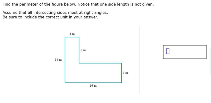 Find the perimeter of the figure below. Notice that one side length is not given. Assume-example-1