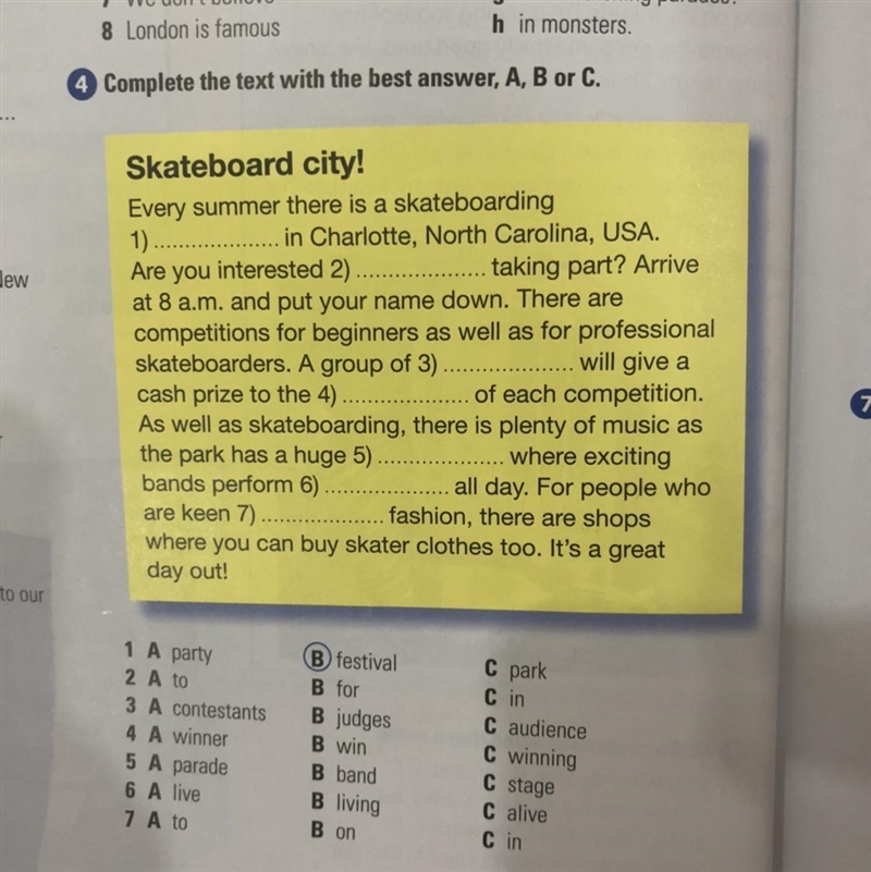 8 4 Complete the text with the best answer, A, B or C. 5 E & Skateboard city! Every-example-1