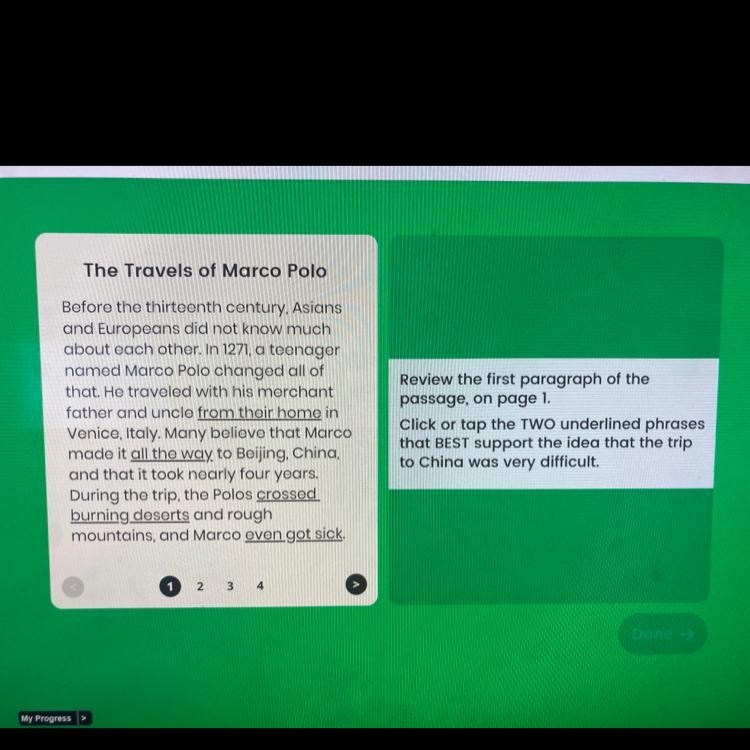 Review the first paragraph of the passage, on page 1. Click or tap the TWO underlined-example-1