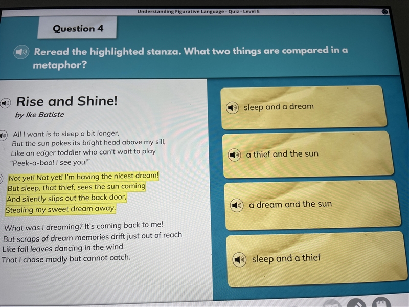 Reread the highlighted stanza. What two things are compared in a metaphor?-example-1