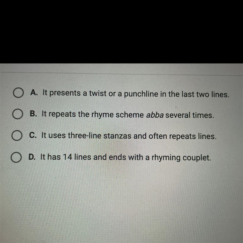 PLS HURRY!!!!! Which sentence describes a villanelle?-example-1