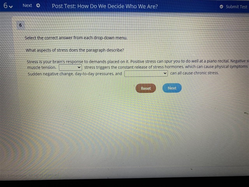 Select the correct answer from each drop-down menu. What aspects of stress does the-example-1