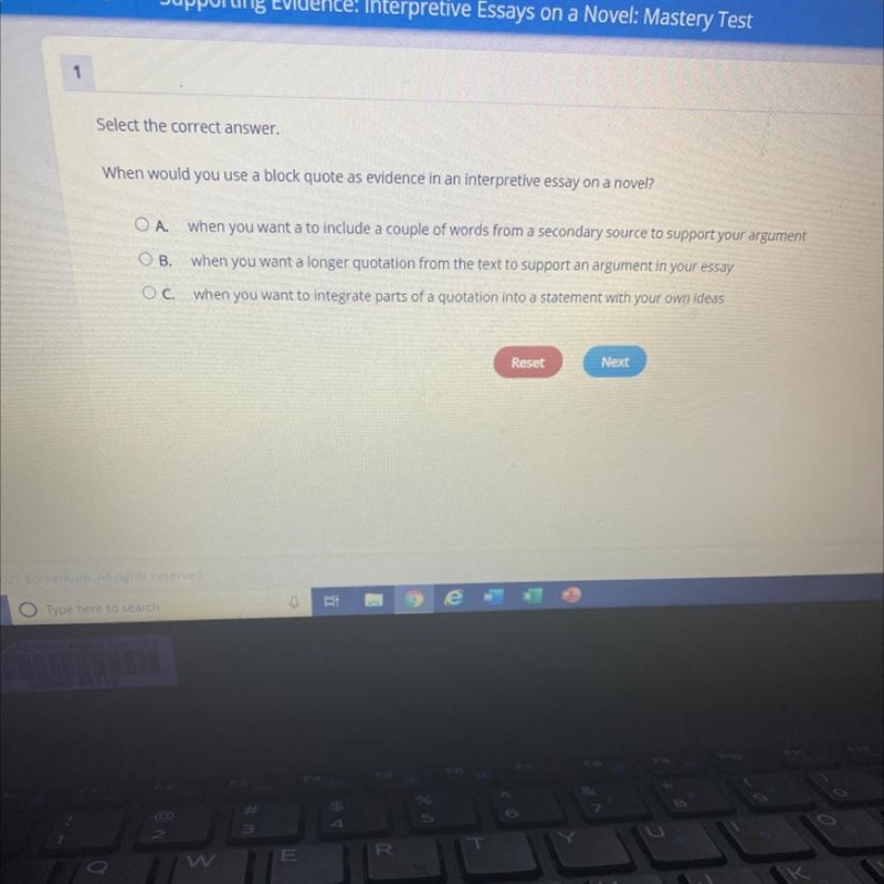 1 Select the correct answer. When would you use a block quote as evidence in an interpretive-example-1