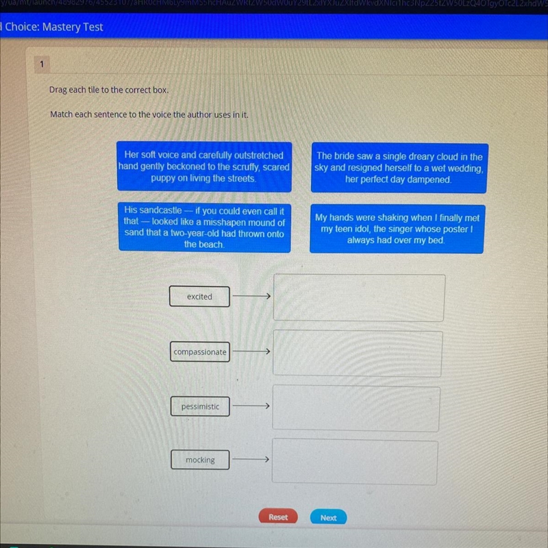 1 Drag each tile to the correct box. Match each sentence to the voice the author uses-example-1