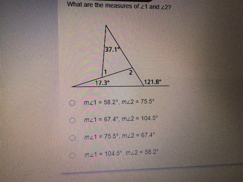 PLZ HELP What are the measures of angle 1 and angle 2? DIGRAM,QUESTION, AND SELECTABLE-example-1