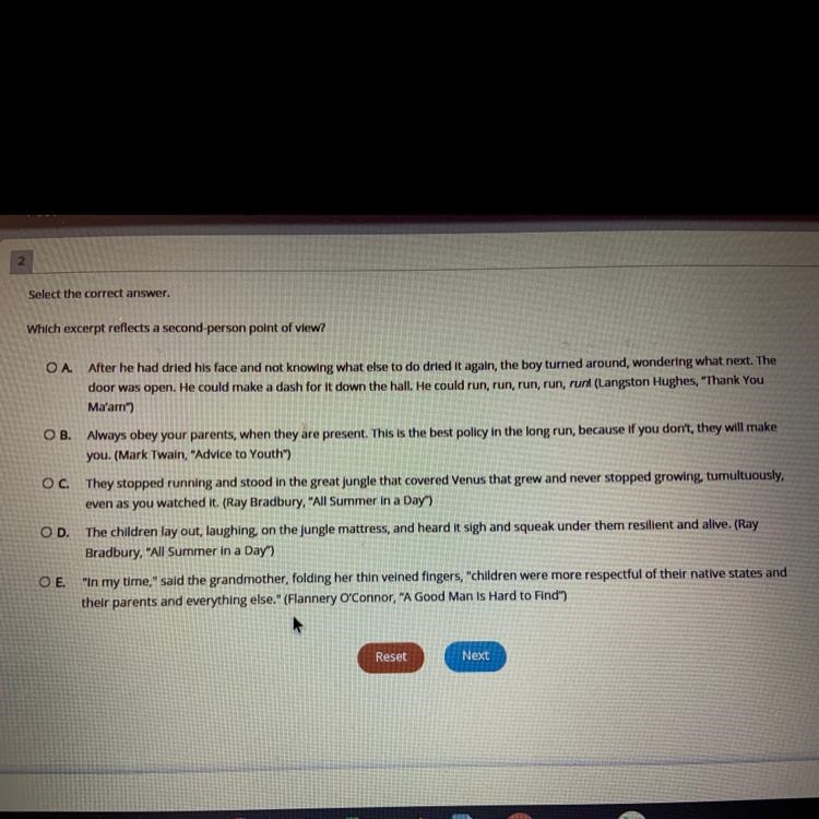 HELP ASAP PLS!!!! Select the correct answer. Which excerpt reflects a second-person-example-1