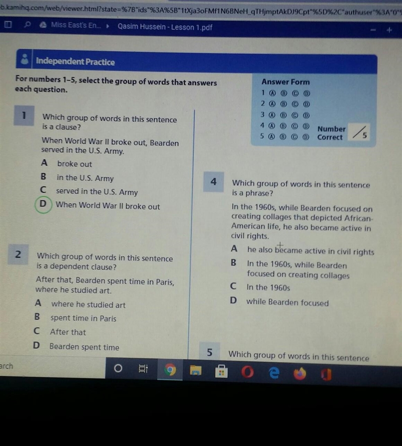 Answer Form For numbers 1-5, select the group of words that answers each question-example-1