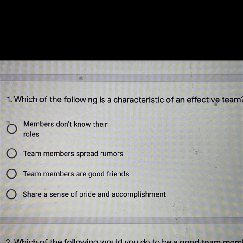 Which of the following is a characteristic of an effective team?-example-1