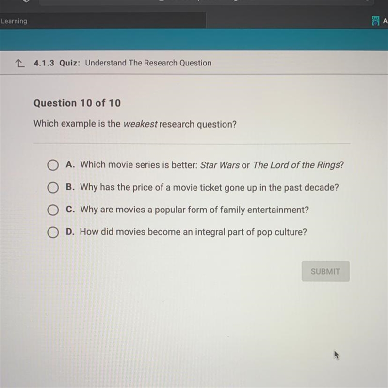 Which example is the weakest research question?-example-1