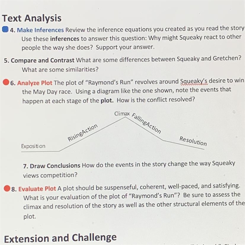 I need help with questions 6 and 8 for the story Raymond’s Run”-example-1