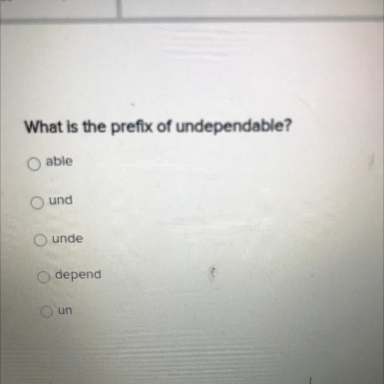 What is the prefix of undependable? able und unde depend un-example-1