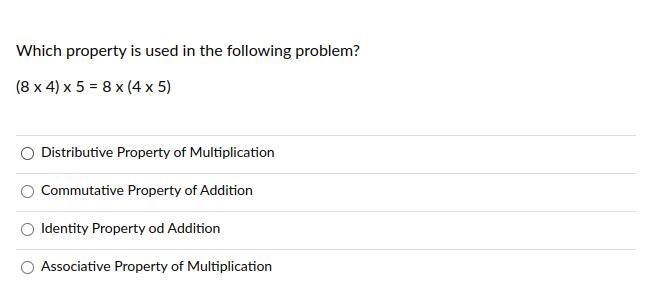 Which property is used in the following problem? (8 x 4) x 5 = 8 x (4 x 5)-example-1