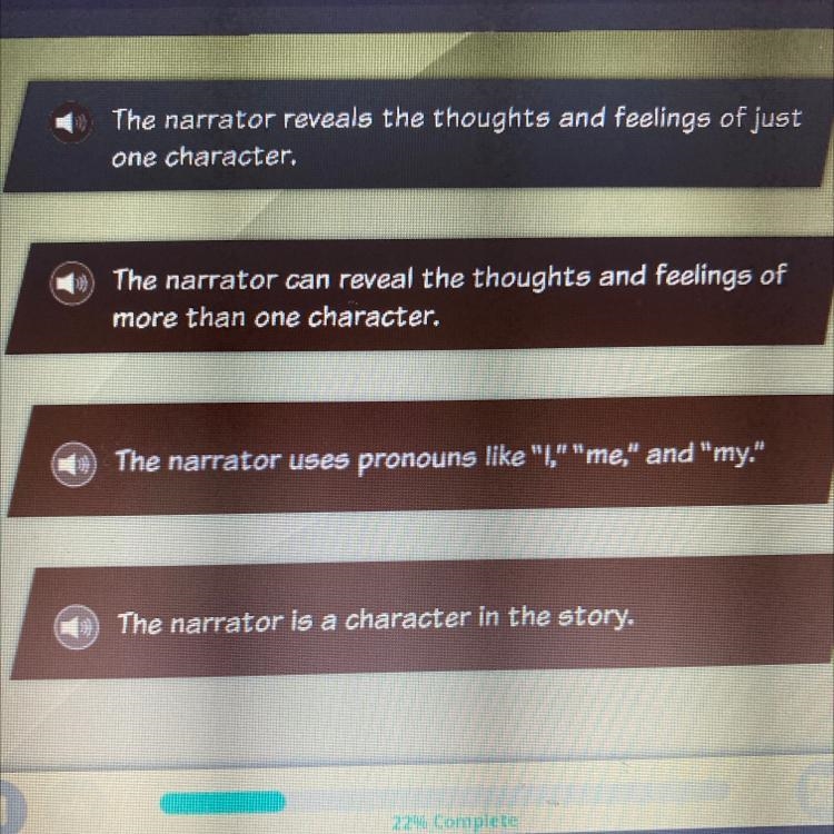 Which of these statements is true of a third person narrador?-example-1