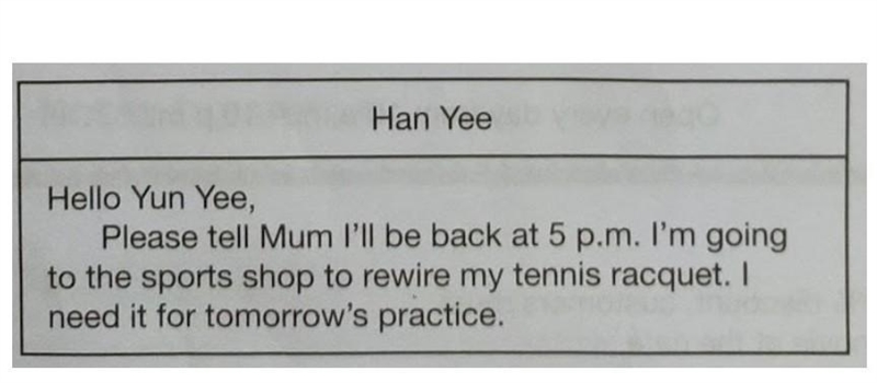 Han Yee is texting Yun Yee to A)inform why he'll be home late B)tell their mother-example-1