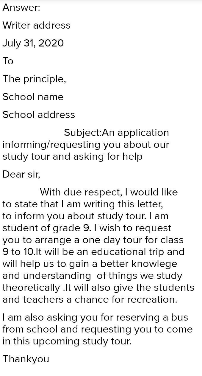 Write an application to your headteacher informing him/her about your study tour. Include-example-1