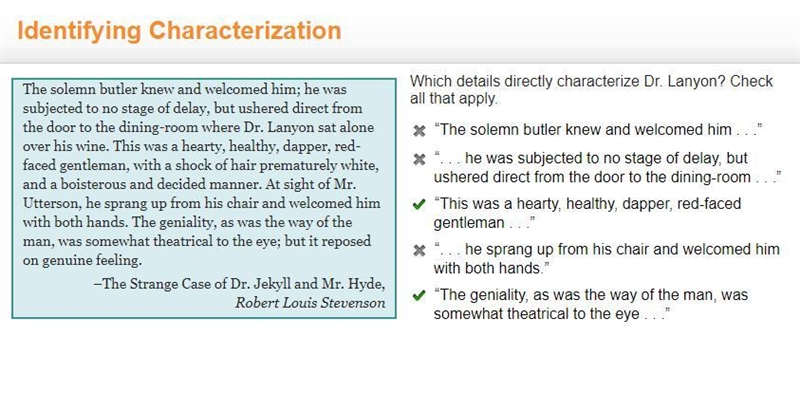 Which details directly characterize Dr. Lanyon? Check all that apply. “The solemn-example-1