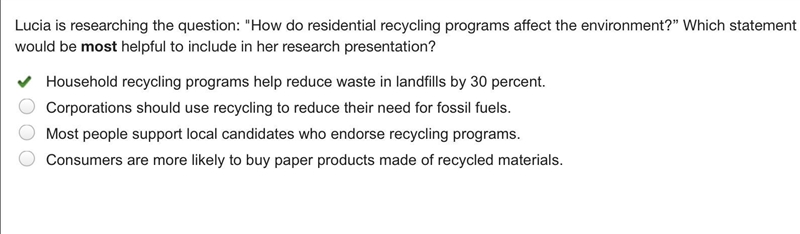 Lucia is researching the question: "How do residential recycling programs affect-example-1