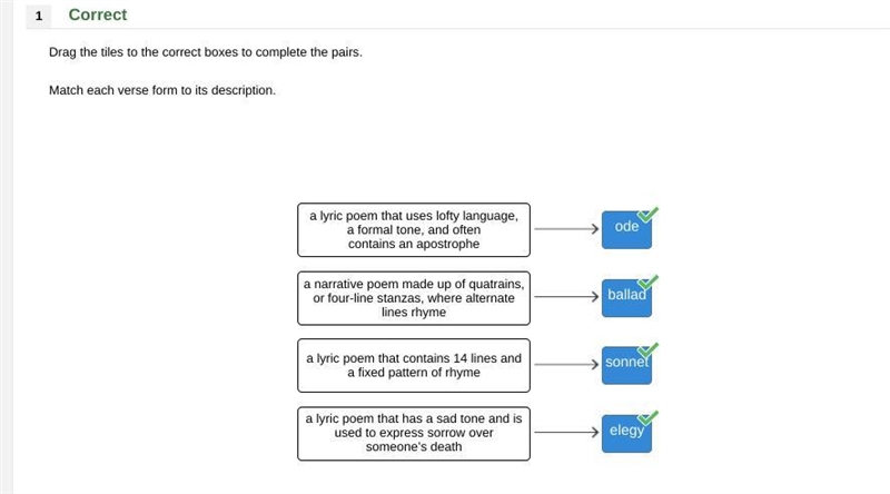 Drag the tiles to the correct boxes to complete the pairs. Match each verse form to-example-1