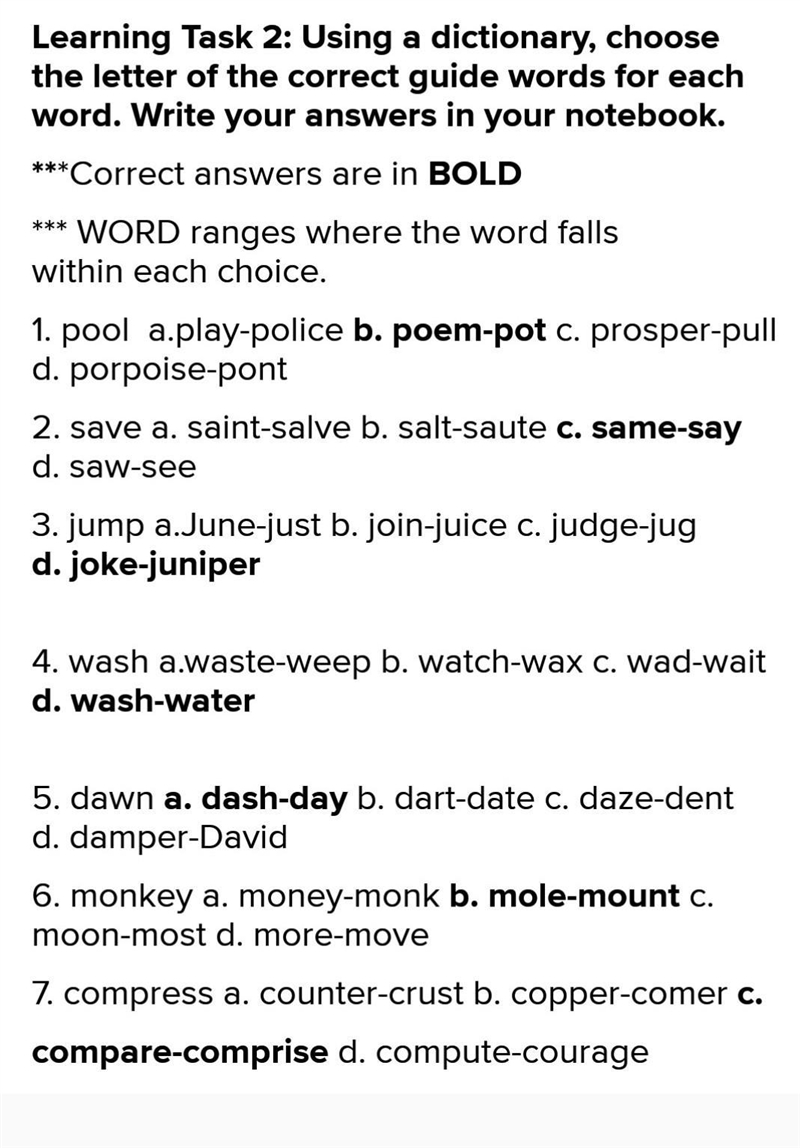 Learning Task 2: Using a dictionary choose the letter of the correct guide ords for-example-1