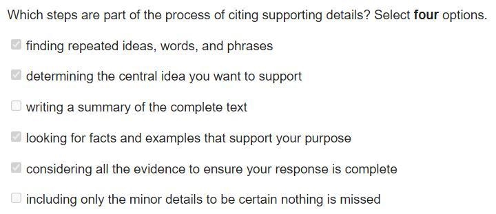 Which steps are part of the process of citing supporting details? Select four options-example-1