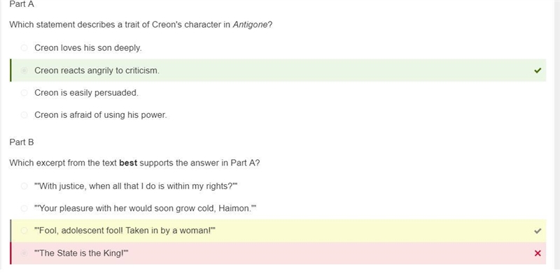 Part A Which statement describes a trait of Creon's character in Antigone? O Creon-example-1