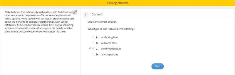 4. Select the correct answer. What type of bias is Blake demonstrating? A. blind-spot-example-1