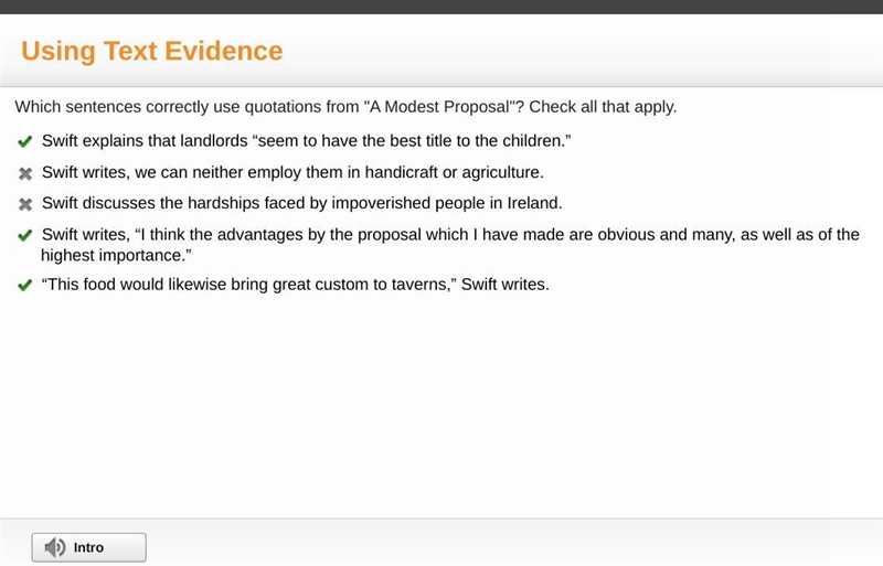 Which sentences correctly use quotations from “a modest proposal” check all that apply-example-1