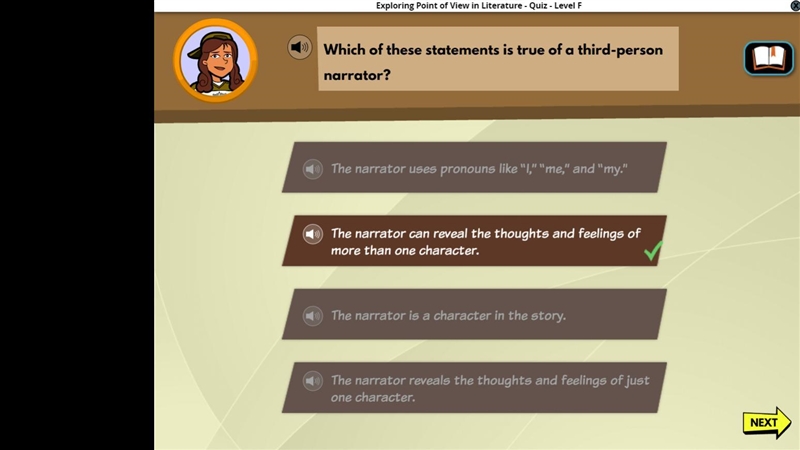 Which of these statements is true of a third person narrador?-example-1