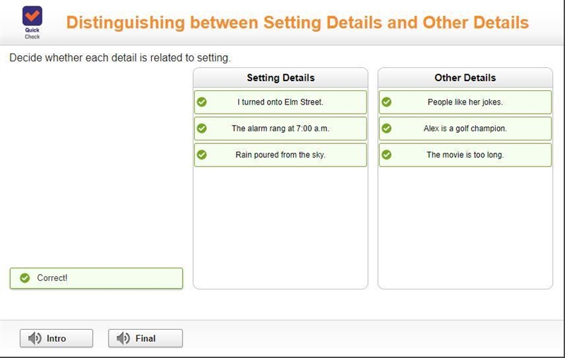 Decide whether each detail is related to setting. Setting Details other details People-example-1