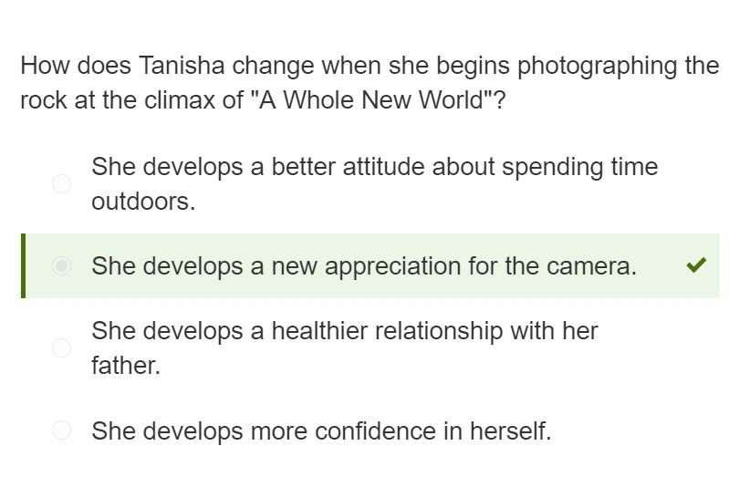 How does Tanisha change when she begins photographing the rock at the climax of &quot-example-1