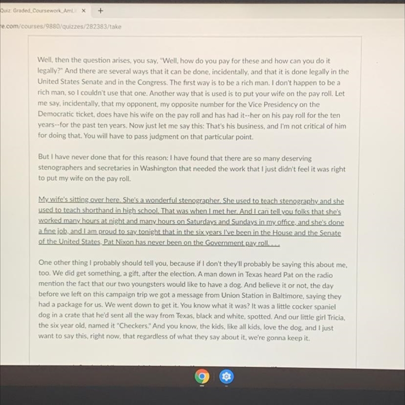 In paragraph 3, why is Nixon explaining how his wife was never on the payroll?-example-1