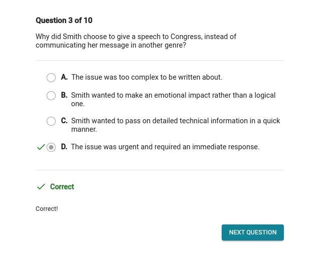 Why did Smith choose to give a speech to Congress, instead of communicating her message-example-1