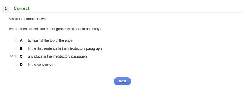 Where does a thesis statement generally appear in an essay? HINT: It's not B. A. By-example-1