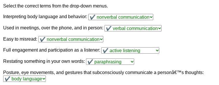 Select the correct terms from the drop-down menus. Interpreting body language and-example-1