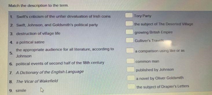 Match the description to the term. 1. Swift's criticism of the unfair devaluation-example-1