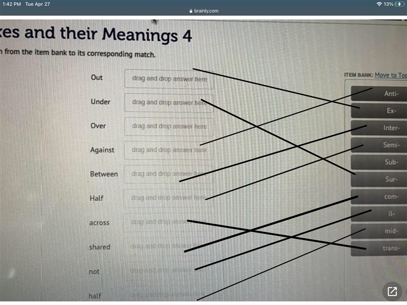 Prefixes and their meanings 4 Drag the item from the item bank to its corresponding-example-1