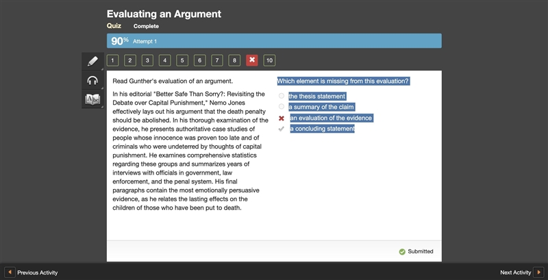 Which element is missing from this evaluation? the thesis statement a summary of the-example-1