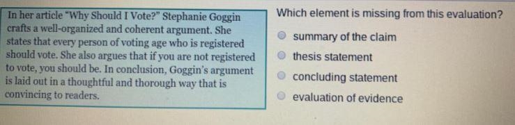 Which element is missing from this evaluation? the thesis statement a summary of the-example-1