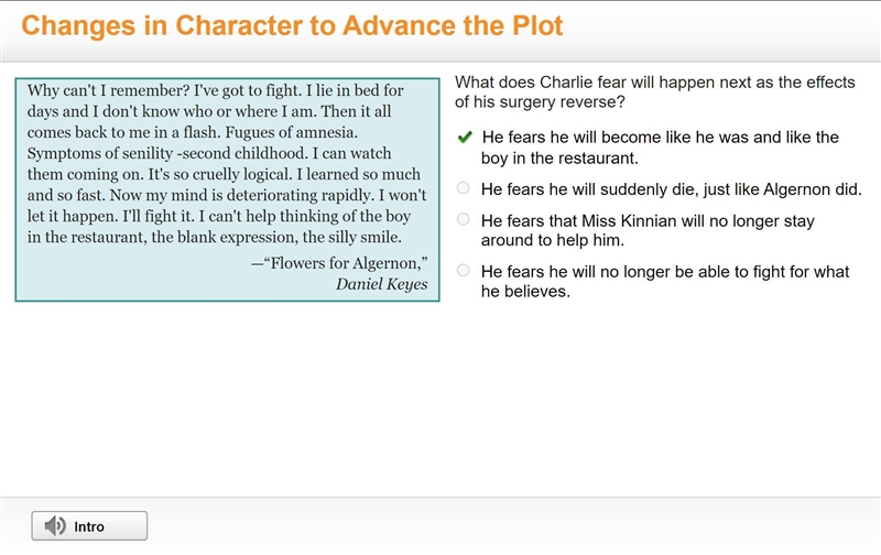 What does Charlie fear will happen next as the effects of his surgery reverse? He-example-1