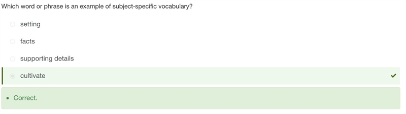 Which word or phrase is an example of subject-specific vocabulary? (1 point) O facts-example-1