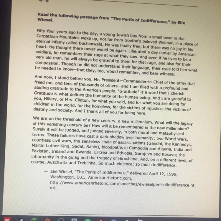 Click to read the passage from "The Perils of Indifference," by Elie Wiesel-example-1