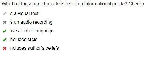 Which of these are characteristics of an informational article? Check all that apply-example-1