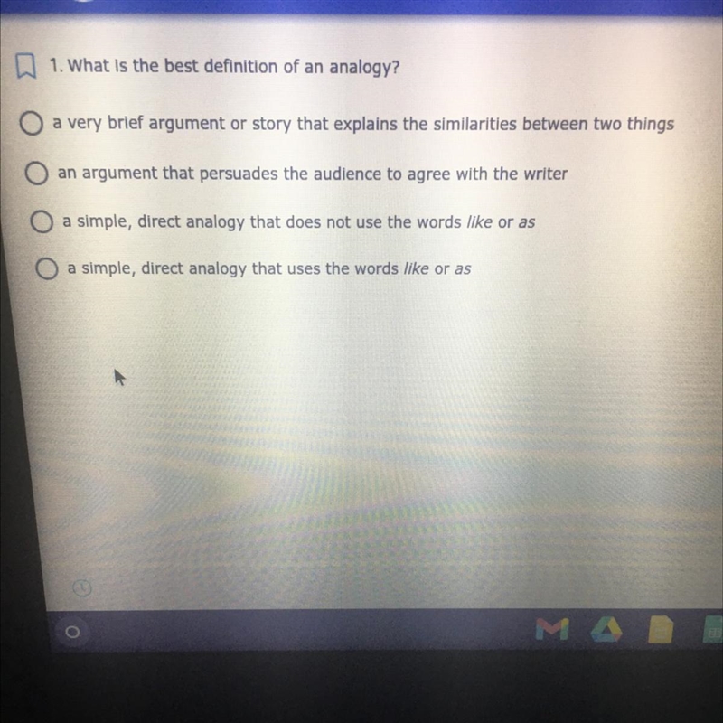 PLEASE HELP!! 25 POINTS!!! What is the best definition of an analogy? A, B, C, or-example-1